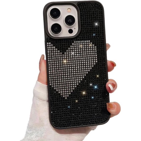 for iPhone Case,Luxury Glitter Crystal Sparkle Sparkly Love Heart Diamend Bumper Camera Lens Protection Soft Shockproof Phone Case (Black,iPhone 13)