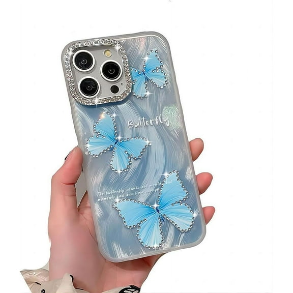 for iPhone Case,Luxury Glitter Sparkle Sparkly Bling Butterfly Pattern with Rhinostone Camera Frame Soft Shockproof Phone Case (Blue,iPhone 11)