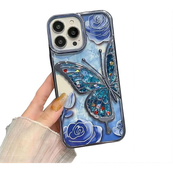 for iPhone Case,Luxury Glitter Sparkle Sparkly Bling ElectroPlated Butterfly Pattern Soft Shockproof Phone Case (Blue,iPhone 12 Pro Max)