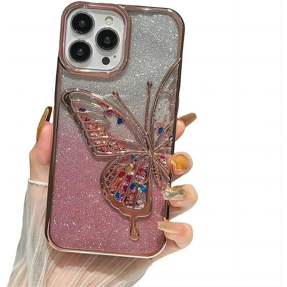 for iPhone Case,Luxury Glitter Sparkle Sparkly Bling ElectroPlated Butterfly Pattern Soft Shockproof Phone Case (Rose Gold,iPhone 15 Pro)