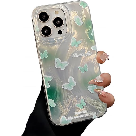 for iPhone Case,Luxury Laser Crystal Feather Butterfly Pattern Anti-Drop Frame Shockproof Phone Case (Green,iPhone 14)