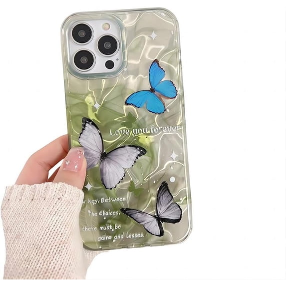 for iPhone Case,Luxury Laser Water Wave Ripple Butterfly Pattern Soft Shockproof Phone Case (Green,iPhone 15 Pro)
