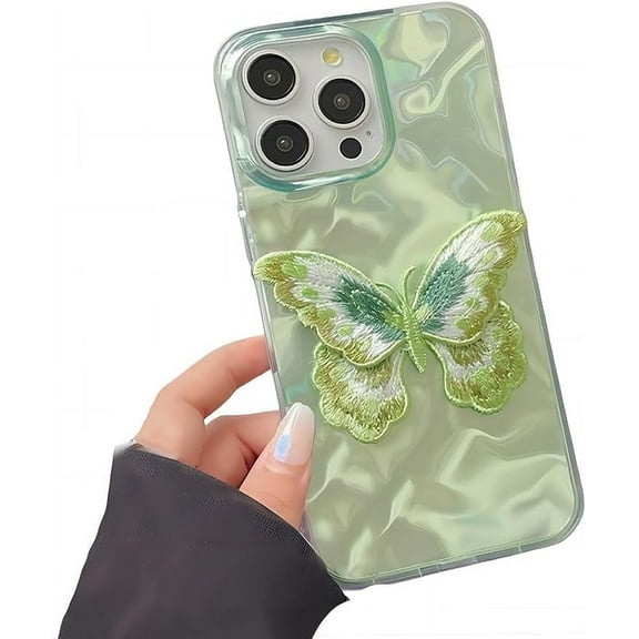for iPhone Case,Luxury Laser Water Wave Ripple Pattern with Solid Embroidered Butterfly Soft Shockproof Phone Case (Green,iPhone 13 Pro Max)