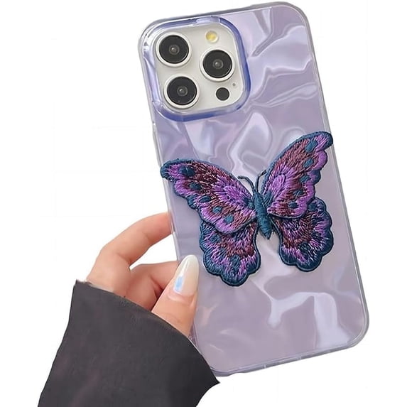 for iPhone Case,Luxury Laser Water Wave Ripple Pattern with Solid Embroidered Butterfly Soft Shockproof Phone Case (Purple,iPhone 15 Pro Max)
