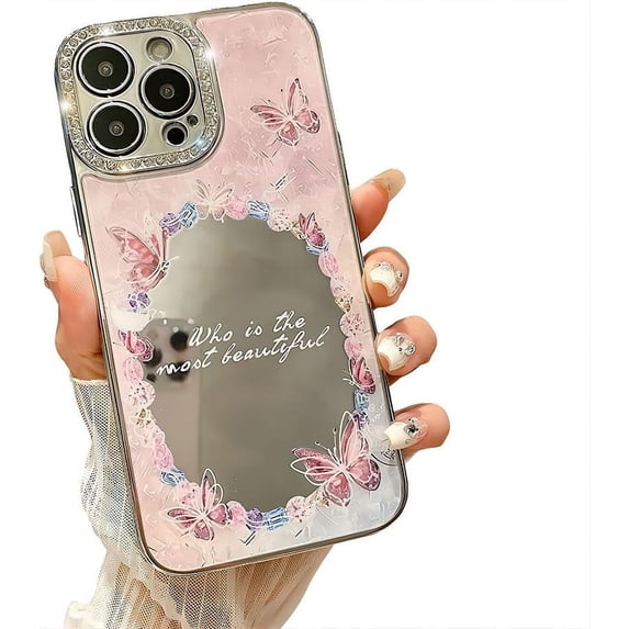 for iPhone Case,Luxury Rhinostone Glitter Frame Butterfly Pattern with Mirror Soft Shockproof Phone Case (Pink,iPhone 15 Pro)