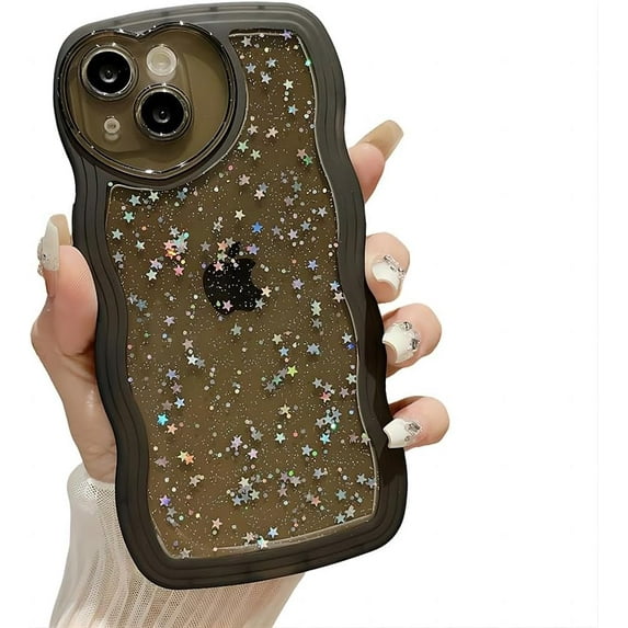 for iPhone Case,Luxury Water Wave Shape Frame Glitter Sparkle Sparkly Star Camera Lens Protection Soft Shockproof Phone Case (Black,iPhone 14)