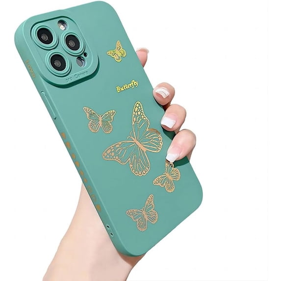for iPhone Case,Side Print ElectroPlated Butterfly Pattern Camera Lens Protection Shockproof Phone Case (Green,iPhone 13)