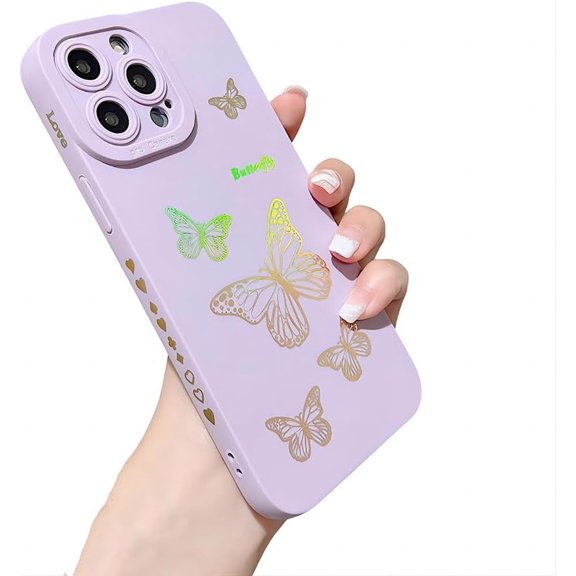 for iPhone Case,Side Print ElectroPlated Butterfly Pattern Camera Lens Protection Shockproof Phone Case (Purple,iPhone 15 Pro Max)