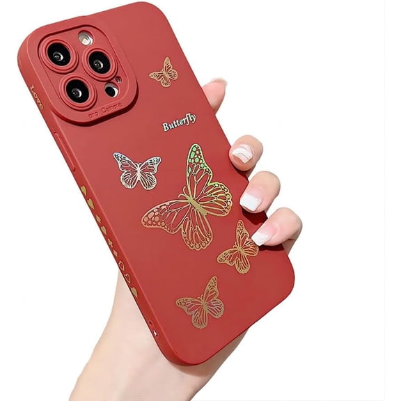 for iPhone Case,Side Print ElectroPlated Butterfly Pattern Camera Lens Protection Shockproof Phone Case (Red,iPhone 15 Plus)