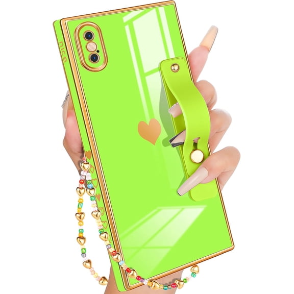 for iPhone X Case with Loopy Stand/Strap, Luxury Cute Women Girls Heart Electroplated Designer Squared Edge Phone Cases for X, Green