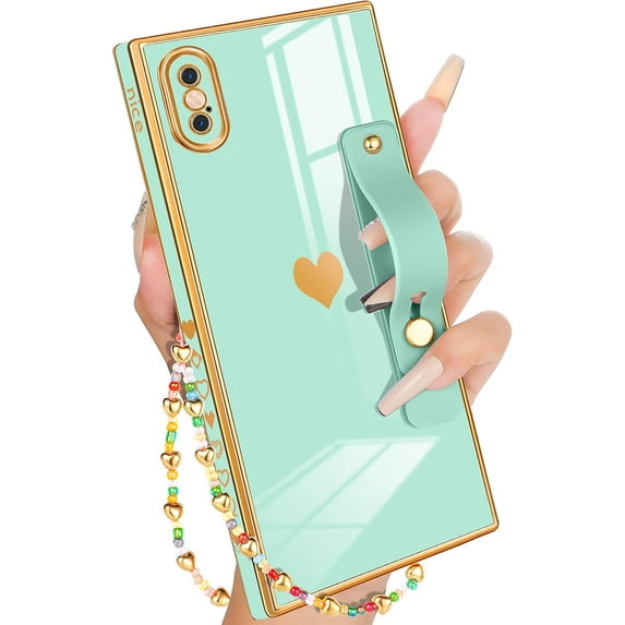 for iPhone X Case with Loopy Stand/Strap, Luxury Cute Women Girls Heart Electroplated Designer Squared Edge Phone Cases for X, Mint Green