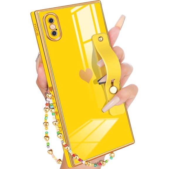 for iPhone X Case with Loopy Stand/Strap, Luxury Cute Women Girls Heart Electroplated Designer Squared Edge Phone Cases for X, Neon Yellow