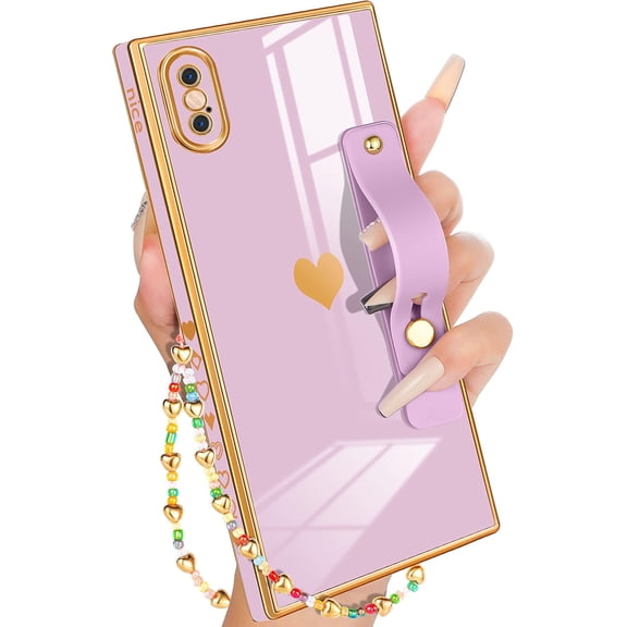 for iPhone X  Case with Loopy Stand/Strap, Luxury Cute Women Girls Heart Electroplated Designer Squared Edge Phone Cases for X, Purple