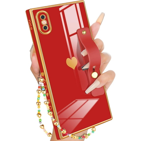 for iPhone X Case with Loopy Stand/Strap, Luxury Cute Women Girls Heart Electroplated Designer Squared Edge Phone Cases for X, Red