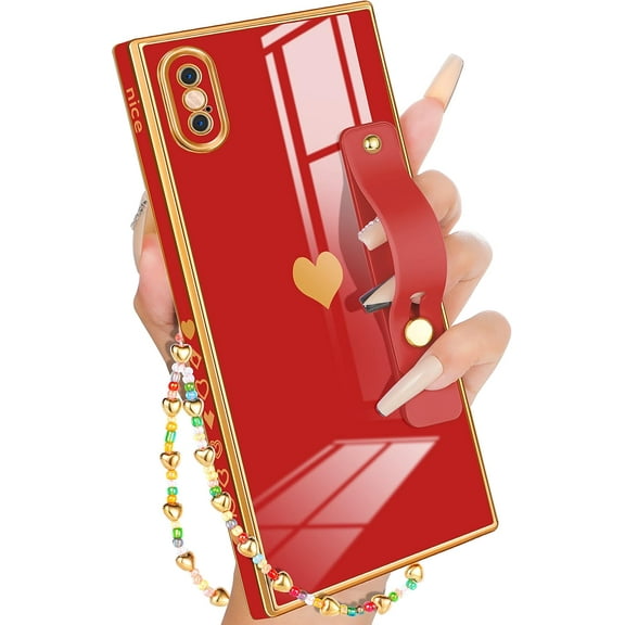 for iPhone X Case with Loopy Stand/Strap, Luxury Cute Women Girls Heart Electroplated Designer Squared Edge Phone Cases for X, Red