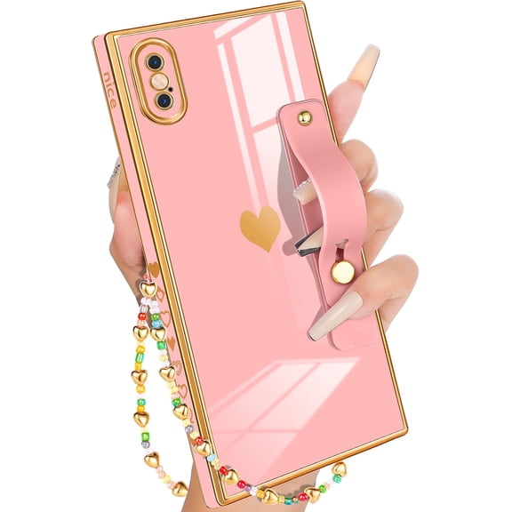 for iPhone X Case with Loopy Stand/Strap, Luxury Cute Women Girls Heart Electroplated Designer Squared Edge Phone Cases for X
