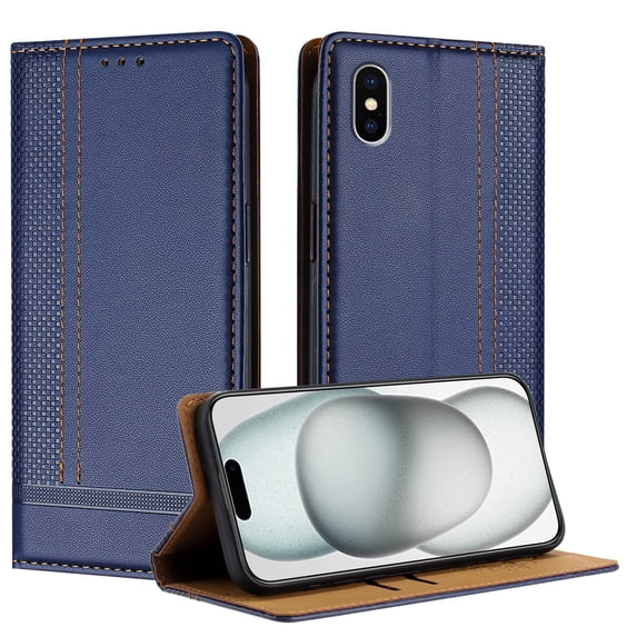 for iPhone X/XS Slim Case with Card Holder, Premium PU Leather Wallet Case with Flip Card Slots Kickstand & Magnetic Closure for iPhone X/XS, Blue