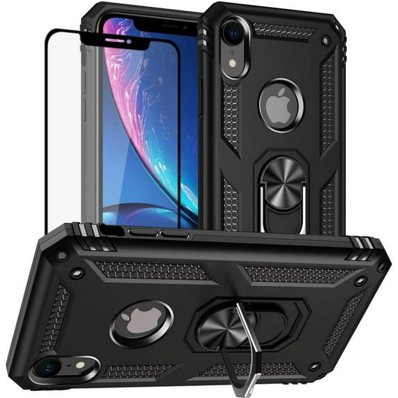 for iPhone XR Case, iPhone XR Phone Case with Screen Protector, Military Grade Protective Cases with Ring for iPhone XR (Black)