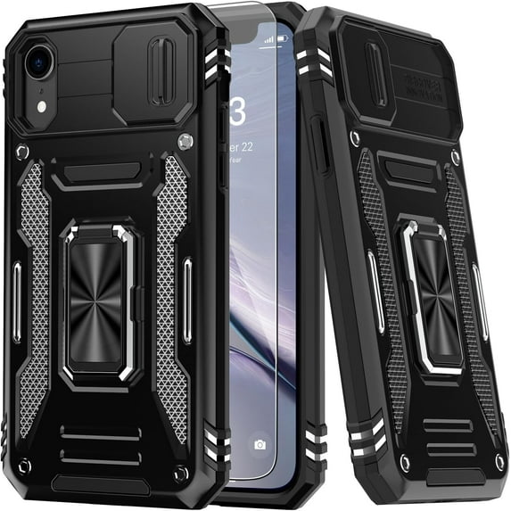 for iPhone XR Case with Screen Protector,Sliding Camera Cover,-Grade Cover with Stand Phone Case 6.1" Black