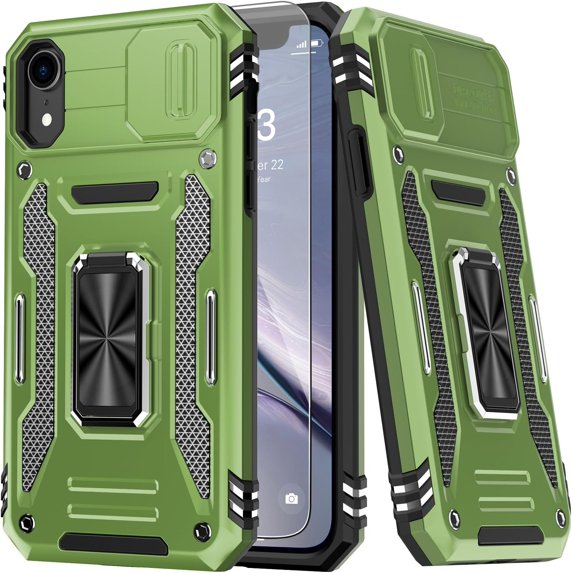 for iPhone XR Case with Screen Protector,Sliding Camera Cover,-Grade Cover with Stand Phone Case 6.1" Olive Green