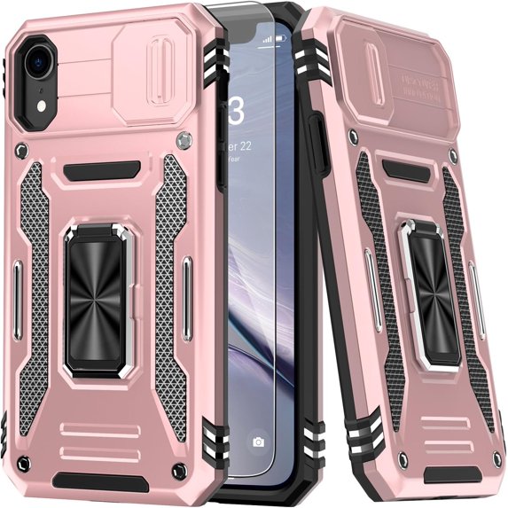 for iPhone XR Case with Screen Protector,Sliding Camera Cover,-Grade Cover with Stand Phone Case 6.1" Rose Gold