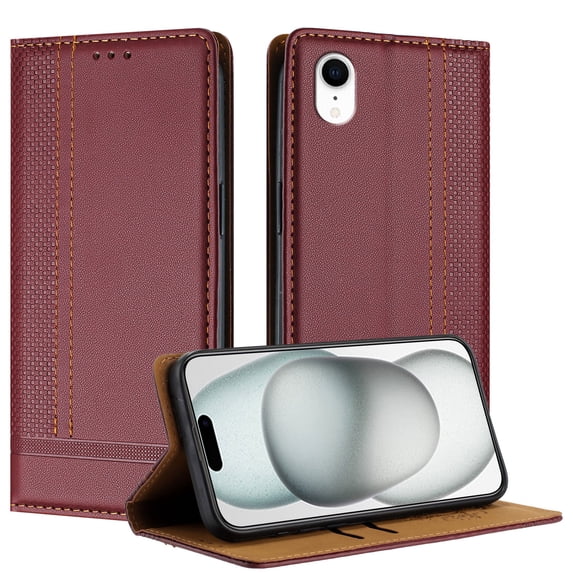 for iPhone XR Slim Case with Card Holder, Premium PU Leather Wallet Case with Flip Card Slots Kickstand & Magnetic Closure for iPhone XR, Winered