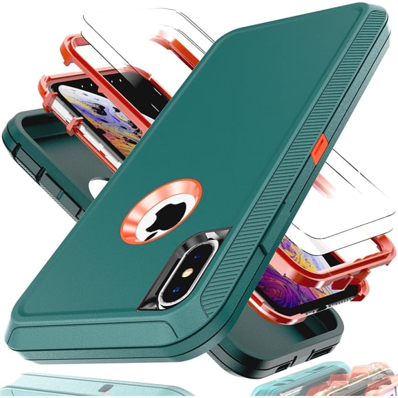 for iPhone Xs MAX Case with Explosion-Proof Film[2 Pack],3 in 2 Shockproof TPU Hard PC Bumper Drop-Proof Shell for iPhone Xs MAX,Lake Blue/Orange