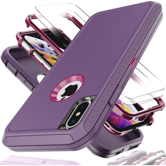 for iPhone Xs MAX Case with Explosion-Proof Film[2 Pack],3 in 3 Shockproof TPU Hard PC Bumper Drop-Proof Shell MAX,Purple/Red