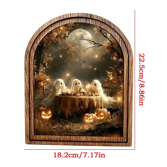 forest Ghosts Arched Wood Frame Tabletop Decor, Rustic Halloween Wall Art, Warm Spooky Artwork for Shelf Styling, Desk Decor, Living Rooms, Walls, 8.9 X 7.2 Inch