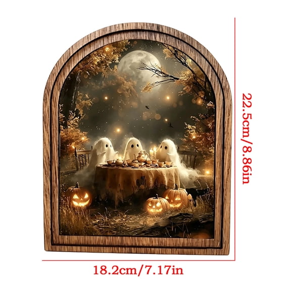 forest Ghosts Arched Wood Frame Tabletop Decor, Rustic Halloween Wall Art, Warm Spooky Artwork for Shelf Styling, Desk Decor, Living Rooms, Walls, 8.9 X 7.2 Inch