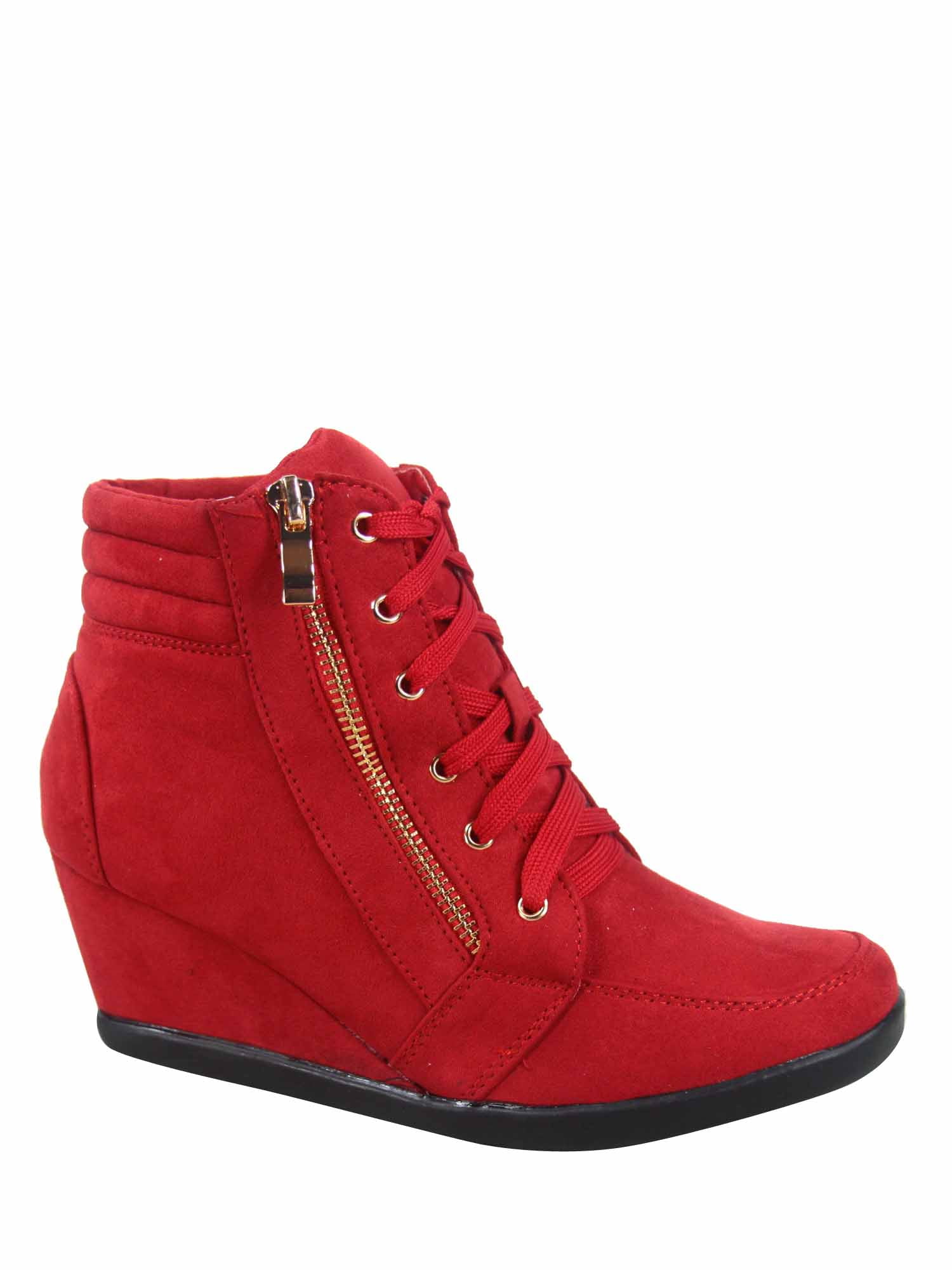 forever Link Women's High Top Fashion Sneakers, High Heel & Wedge & Round Toe Red, 7