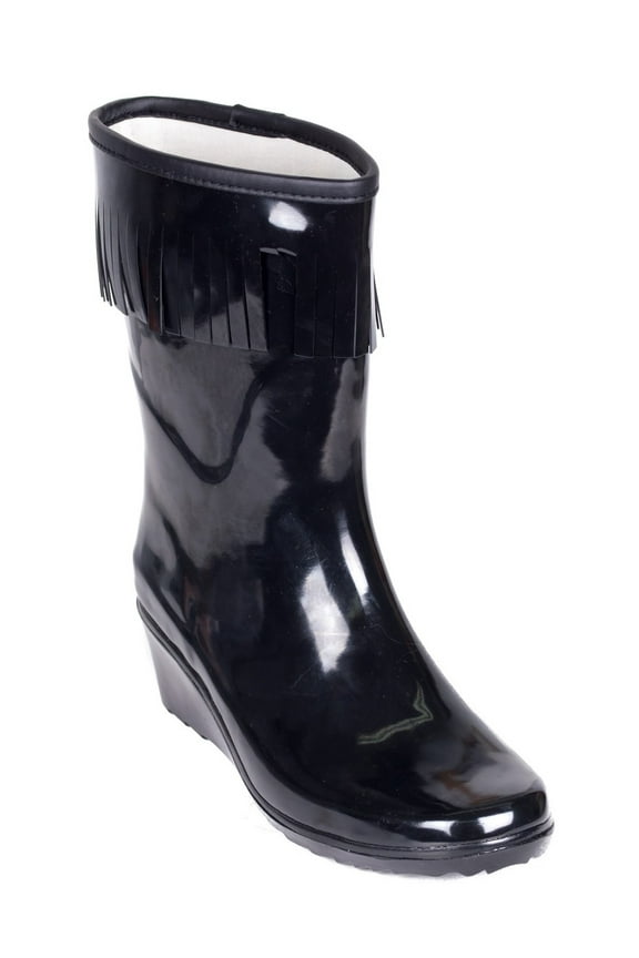 women's black rubber mid-calf wedge-heel tassel rain boots