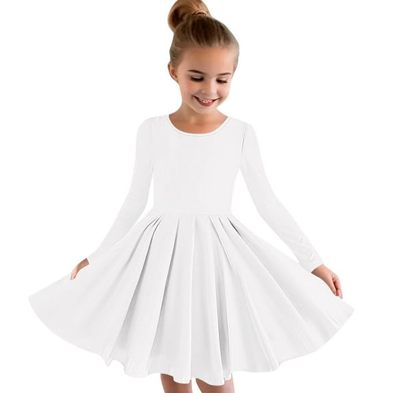 formal Dresses for Girls Girls Long Sleeve Stretchy Dress A Line Skater School Recital Dress New Long Sleeve Round Neck Dress White 5T