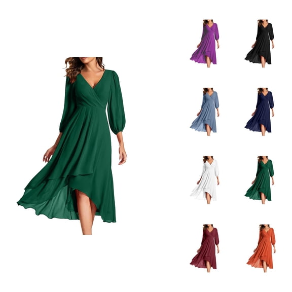 formal Dresses for Women Holiday Dresses for Women Chiffon Spring V Neck Long Sleeves Pleated A Line Midi Length Wedding Guest Dress