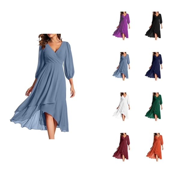 formal Dresses for Women Holiday Dresses for Women Chiffon Spring V Neck Long Sleeves Pleated A Line Midi Length Wedding Guest Dress