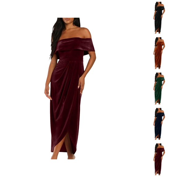 formal Gowns and Evening Dresses Holiday Dress Ladies One Shoulder Slit Dress Velvet Skirt