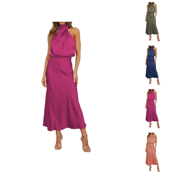 formal Gowns and Evening Dresses Prom Dress Women's Summer Long formal Satin Dress Neck Sleeveless Side Slit Flowy Maxi Tank Dresses
