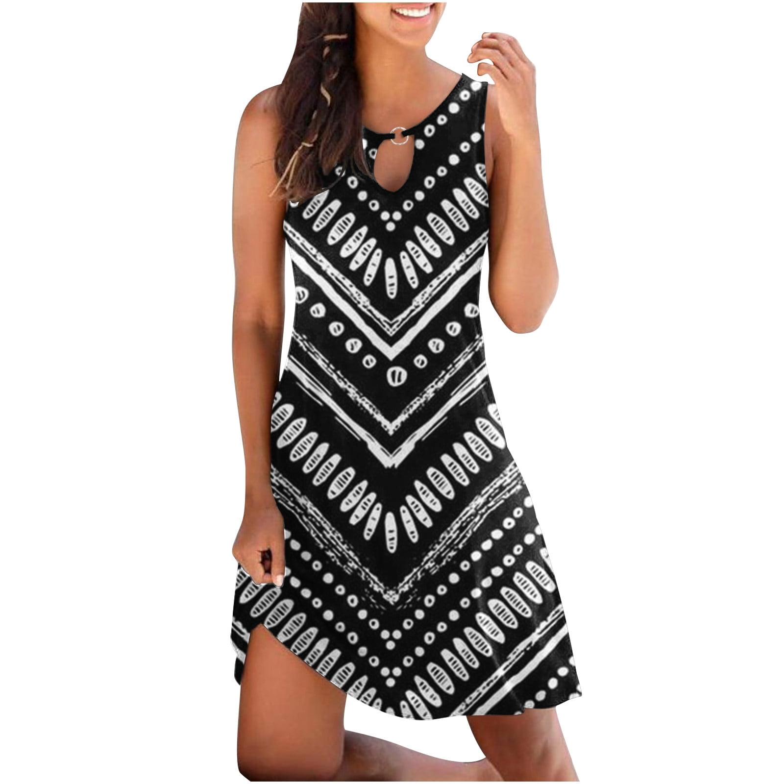 WNEEDU Women's Summer Sleeveless Sundress - Square Neck, Drawstring Waist, With Pockets