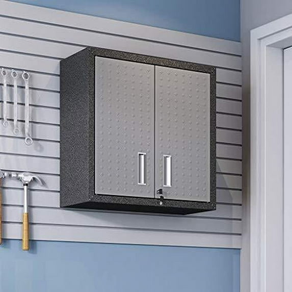 fortress 30" floating textured metal garage cabinet with adjustable shelves in grey shelving