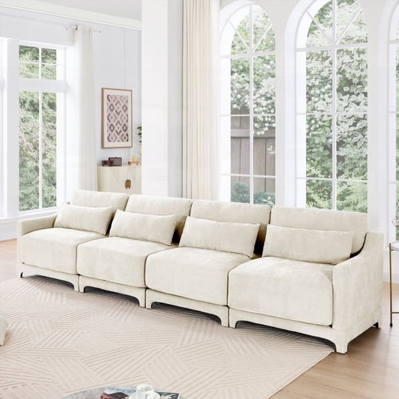 The four-seater chenille sofa has lumbar pillow, Ergonomic construction, solid wood framework, high-resilience sponge padding, easy to install, for hotels & lounges, Beige hue