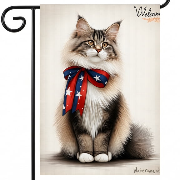 fourth of july garden flags for outside A cat with a red white and blue ribbon around its neck. Welcome Maine Comes sk american 250 flag 28x40" Home Banner Size garden decor