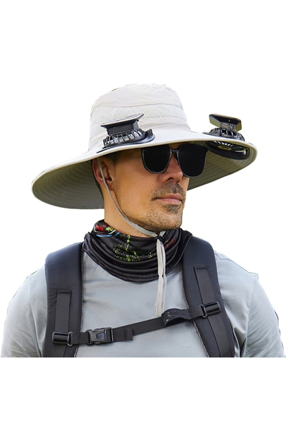 Men Women Wide Brim Sun Hats with 2 Solar Fan Waterproof Breathable Bucket Hat Outdoor Fishing Hat for Hiking Camping (Gray)