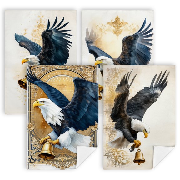 fourth of july hand towels A bald eagle holding a bell in its talons kitchen hand towels cute 4 Pack 16"x24" red white blue decor