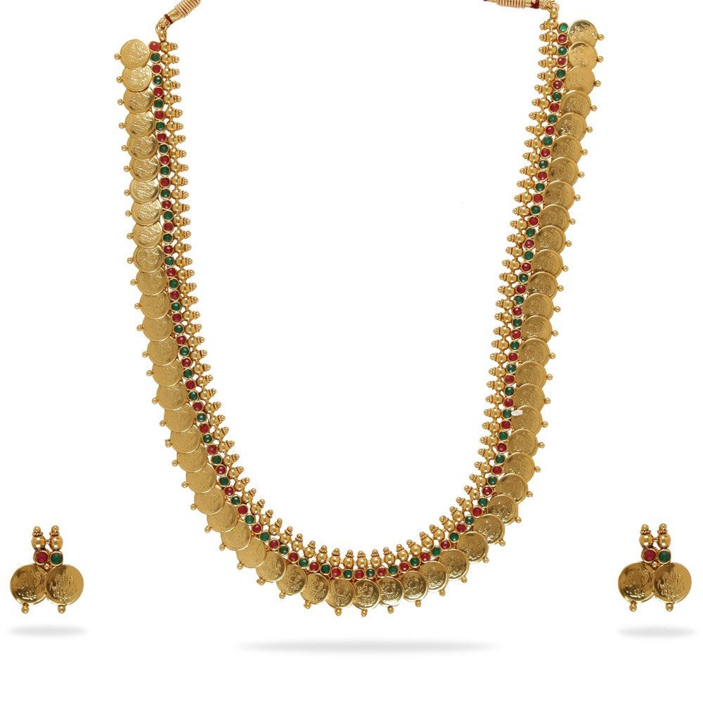 ZENEME Gold Plated Temple Coin Maharani Necklace Set With Earrings - Traditional Indian Jewelry For Women