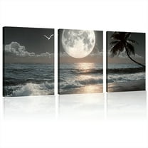 framed large picture, black and white ocean beach wall art, moon sea canvas print art, ocean painting seascape poster wall picture, landscape palm artwork for wall living room decor 12x16inchx3pcs