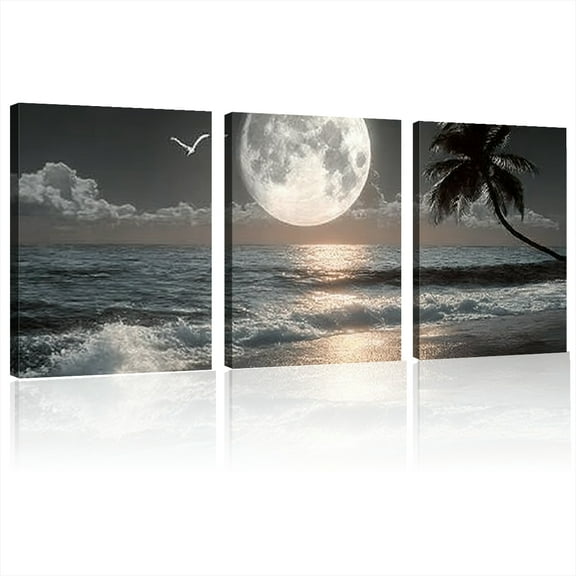 framed large picture, black and white ocean beach wall art, moon sea canvas print art, ocean painting seascape poster wall picture, landscape palm artwork for wall living room decor 12x16inchx3pcs