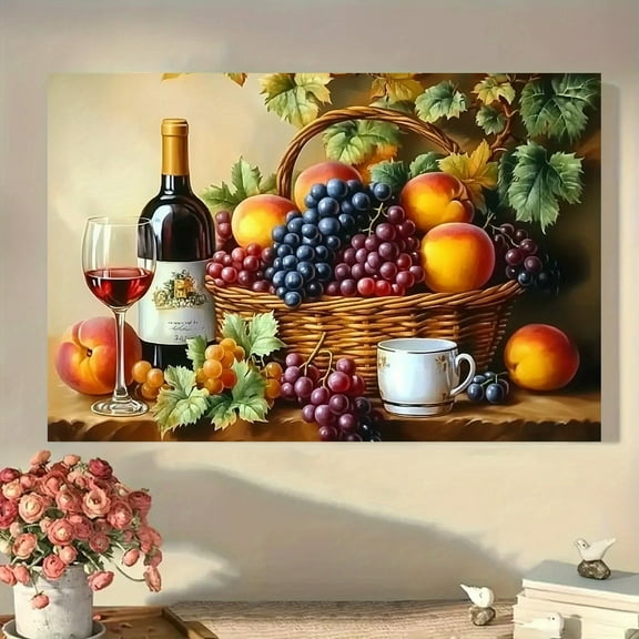 A framed painting, classic still life depicting wine and fruits, vintage style wall decoration suitable for kitchen, dining room, restaurant or café, ideal for wine and food enthusiasts