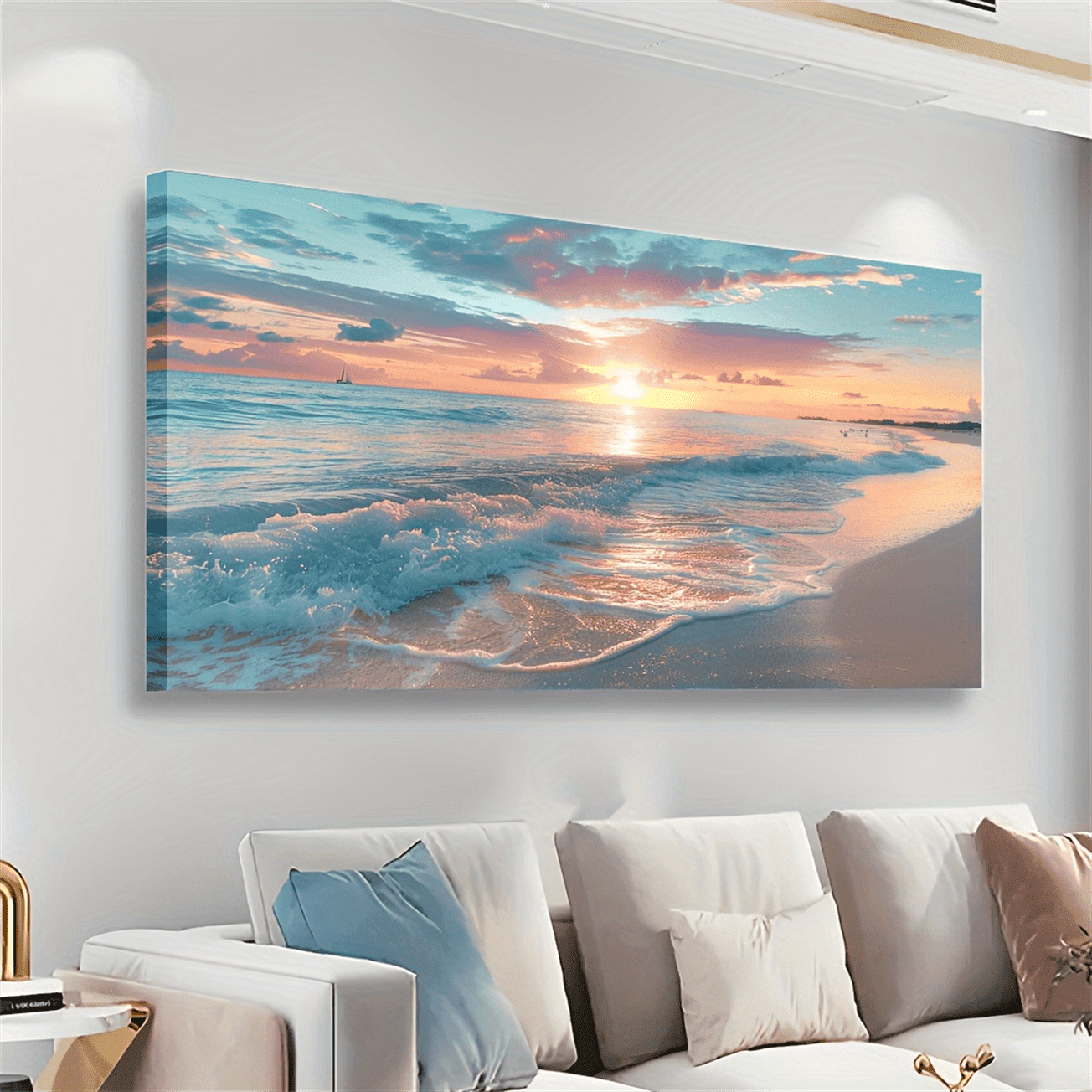 framed  painting, wood frame canvas painting sunrise and beach wall art print for home decoration, living room and bedroom, holiday party decoration, gift, ready to hang
