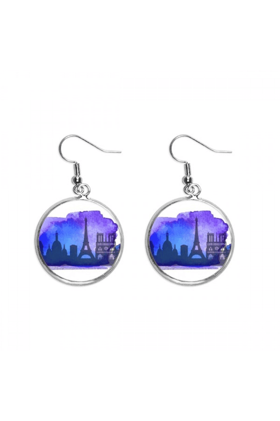france paris eiffel tower blue watercolor ear dangle silver drop ear jewelry woman