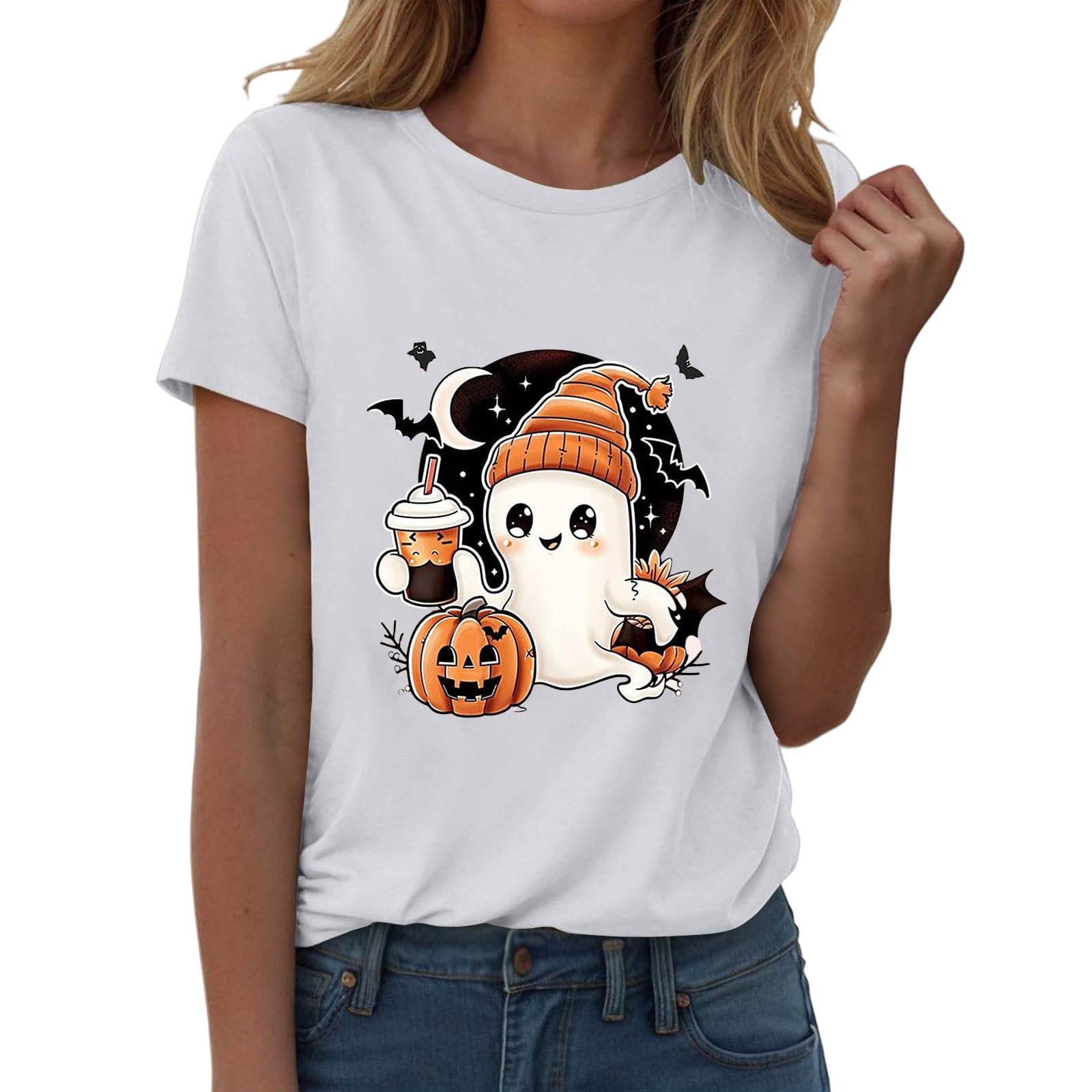 Women's Pumpkin Halloween Graphic Tee - Fall Short Sleeve T-Shirt, Thanksgiving Gift, Loose Fit - View #5